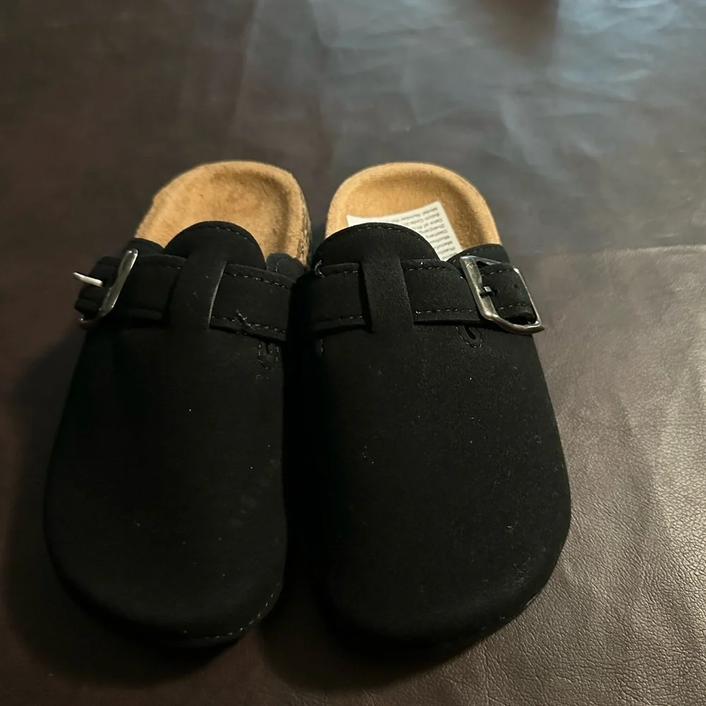 Cozy Black Buckle Kids Slippers euro equates to 7.5 to 8